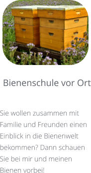 Bienenschule vor Ort  Sie wollen zusammen mit Familie und Freunden einen Einblick in die Bienenwelt bekommen? Dann schauen Sie bei mir und meinen Bienen vorbei!